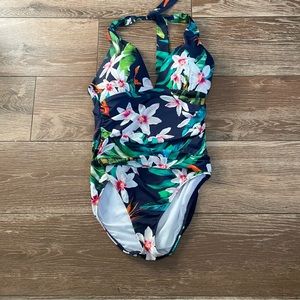 Lauren Ralph Lauren Tropical Halter Shirred Waist OnePiece Swimsuit/wear 32 Bust
